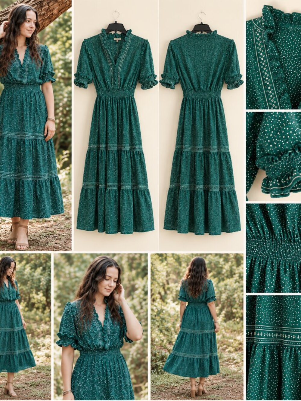 NWT Max Studio Dress Prairie Cottage Core Green Boho Stretch Waist S MSRP $148